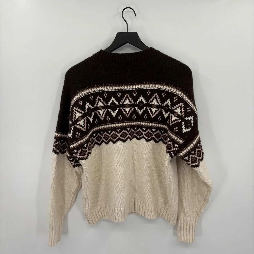 American Eagle Womens Fair Isle Crewneck Sweater Small Brown Cream Oversize Cozy